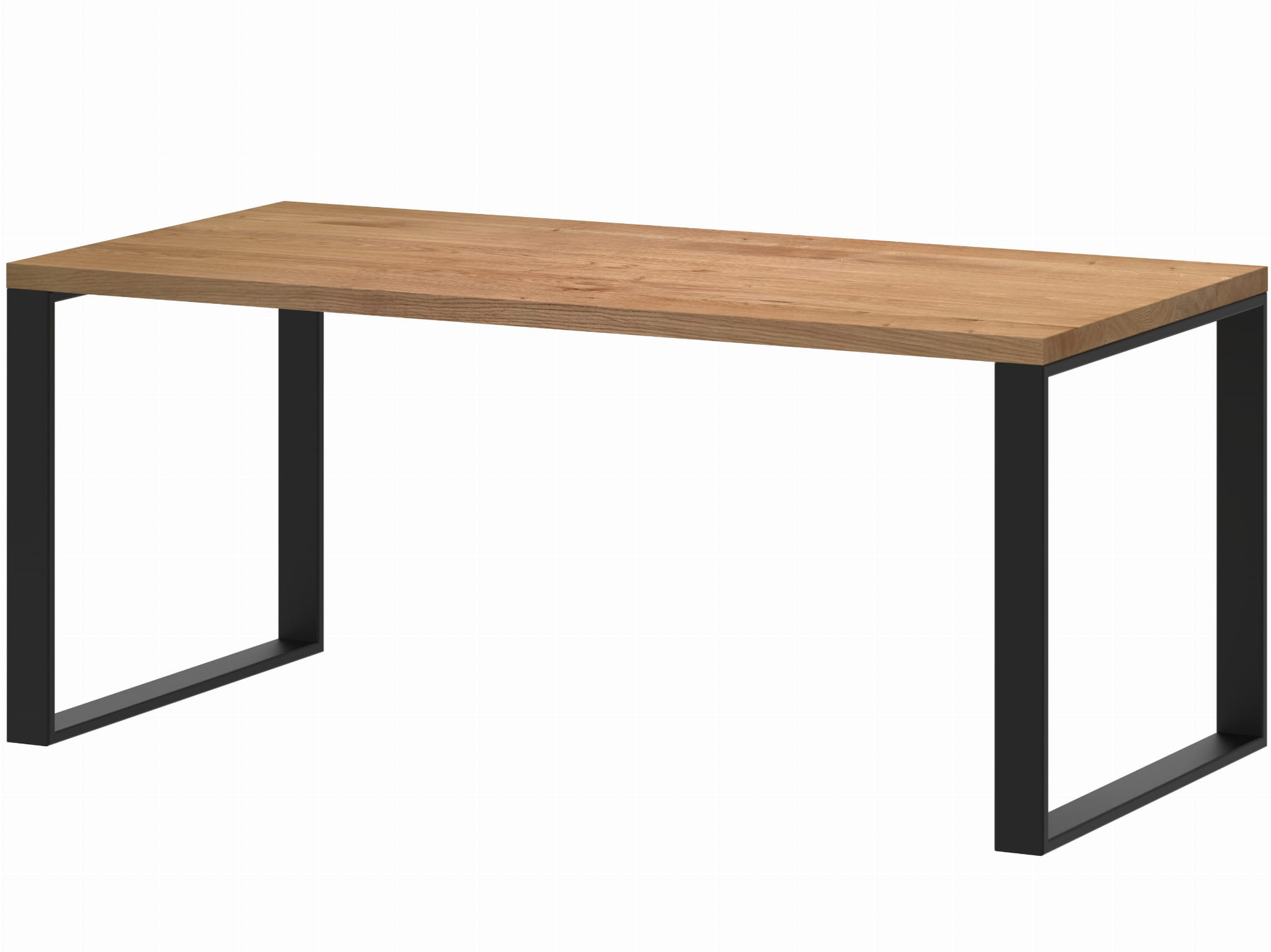 Nowoczesny stół z drewnianym blatem i czarnymi metalowymi nogami o kształcie geometrycznym. Projekt łączy elementy industrialne i minimalistyczne.