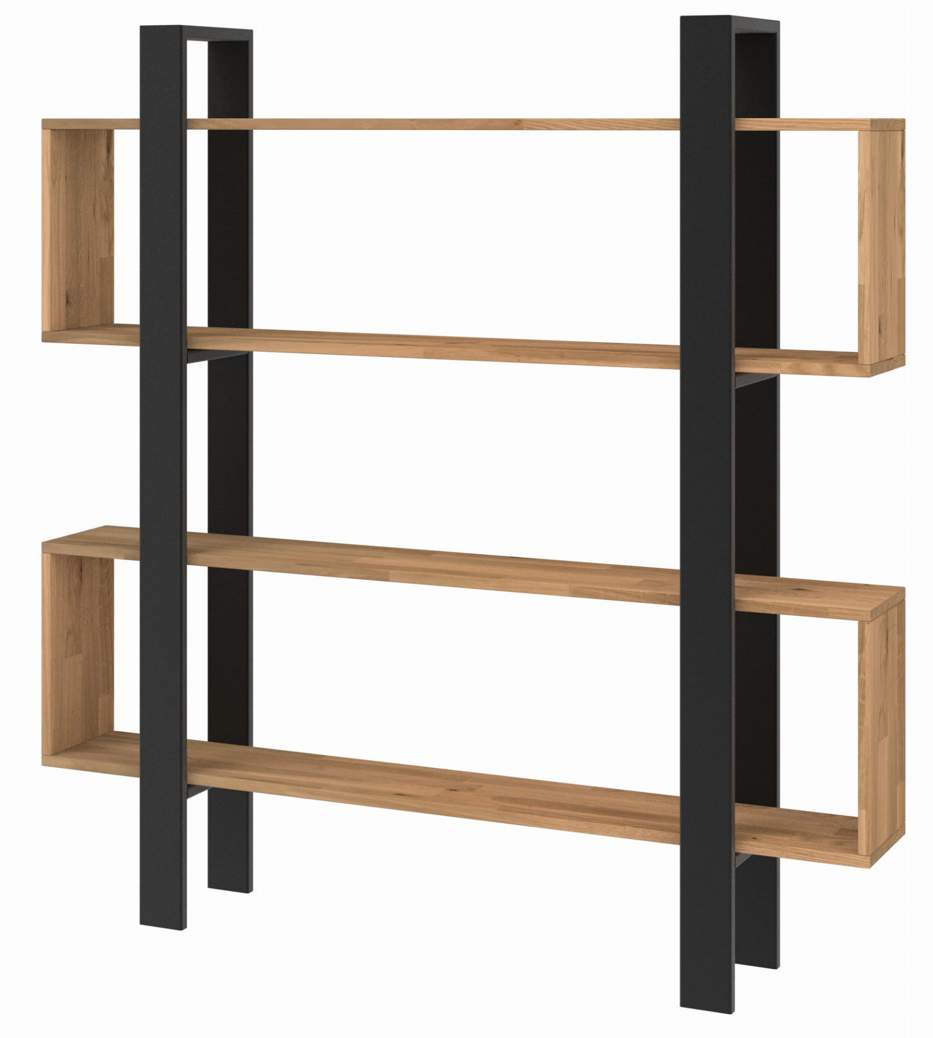 Nowoczesny drewniany regał z trzema poziomymi półkami oprawionymi w dwa pionowe, czarne metalowe wsporniki, tworzący elegancki i minimalistyczny design.
